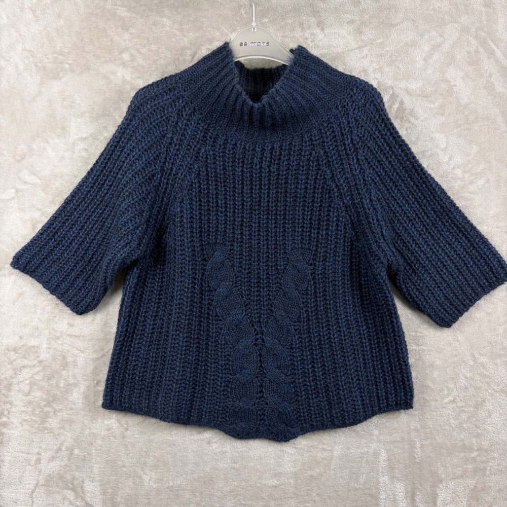 LO RI Navy Blue Mohair Wool Blend Chunky Knit Mock Neck Half Sleeve Sweater M